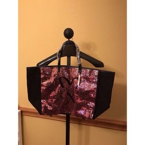 VICTORIA'S SECRET PINK SEQUIN HEART‎ BLACK LARGE TOTE BLING New With Tags
